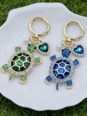 Unbranded Turtle Keychain Bag Charm Green OR Blue Rhinestone gold-tone (each)